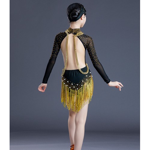 Kids High-end professional competition Latin dance dresses Children latin dance costume black with gold diamonded dress latin competition suit